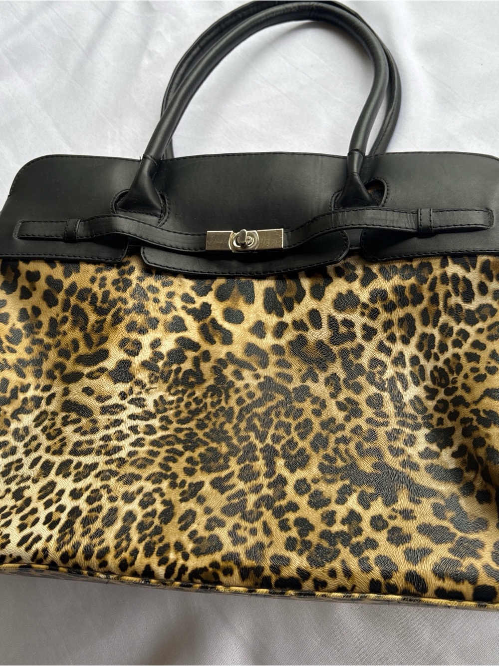 Leather-Trim Leopard Print Tote Bag in Black and Gold